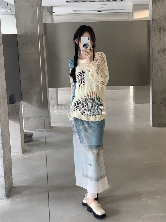 Karrram Gothic Hollow Out Sweater Hole See Through Oversized Knitted Pullovers Emo Streetwear Grunge Clothes Y2k Tops Spring