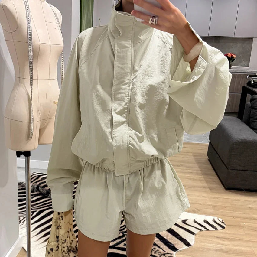 Loose Fit Zip Up Windbreaker Jacket and Shorts Set for Women