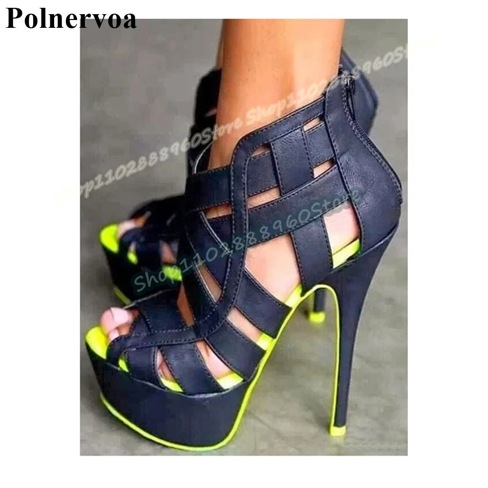 Black Cross Strap Pink Sole Platform Sandals Stilettos High Heel Shoes For Women Back Zipper Peep Toe Casual Party Sandals