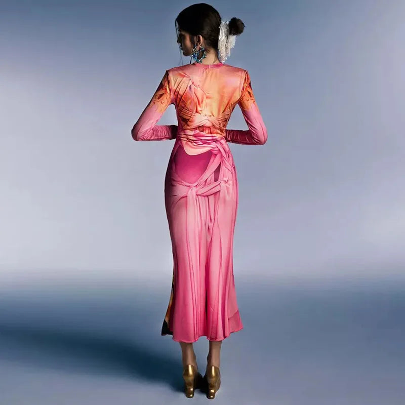 Punk Graffiti Print Bodycon Long Dress Women 2025 Autumn Stand Collar Long Sleeve Slim Fit Fish Tail Dress Party Club Robes