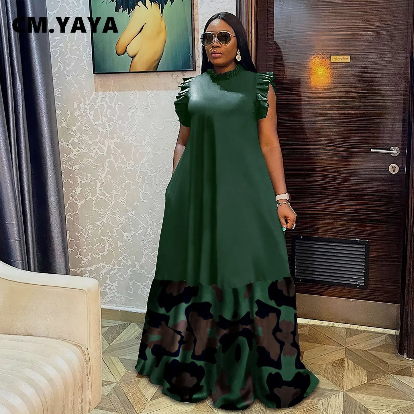 CM.YAYA Women Edible Tree Fungu Camouflage Patchwork Maxi Long Loose A-line  Dress 2023 Vintage INS Evening Dresses Vestidos