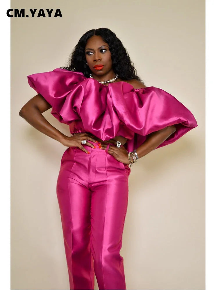 CM.YAYA Fashion Satin Women's Set Butterfly Sleeve Crop Top and Wide Leg Pants Suit 2024 Party Club Even Two 2 Piece Sets Outfit
