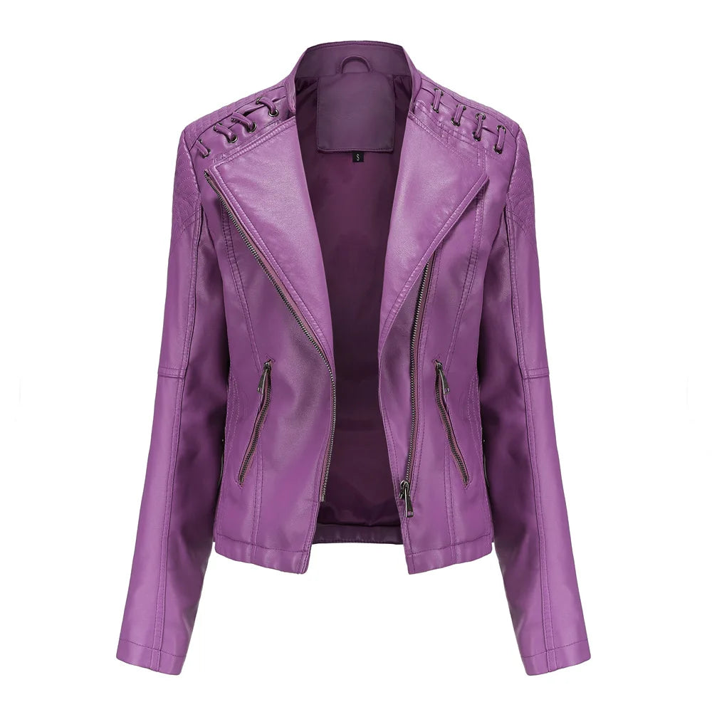 Spring Autumn Leather Jacket Women Slim Fit Motor Biker PU Leather Short Coat Stand Collar Ladies Zipper Outerwear 2024 New