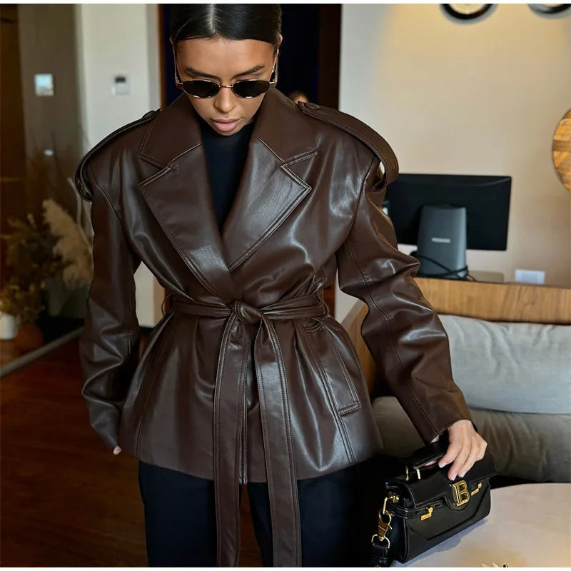 2025 Autumn Women's Jacket Vintage Laple Brown PU Leather Belt Pockets Jackets Female Fashion New Winter Loose Lady Streetwears