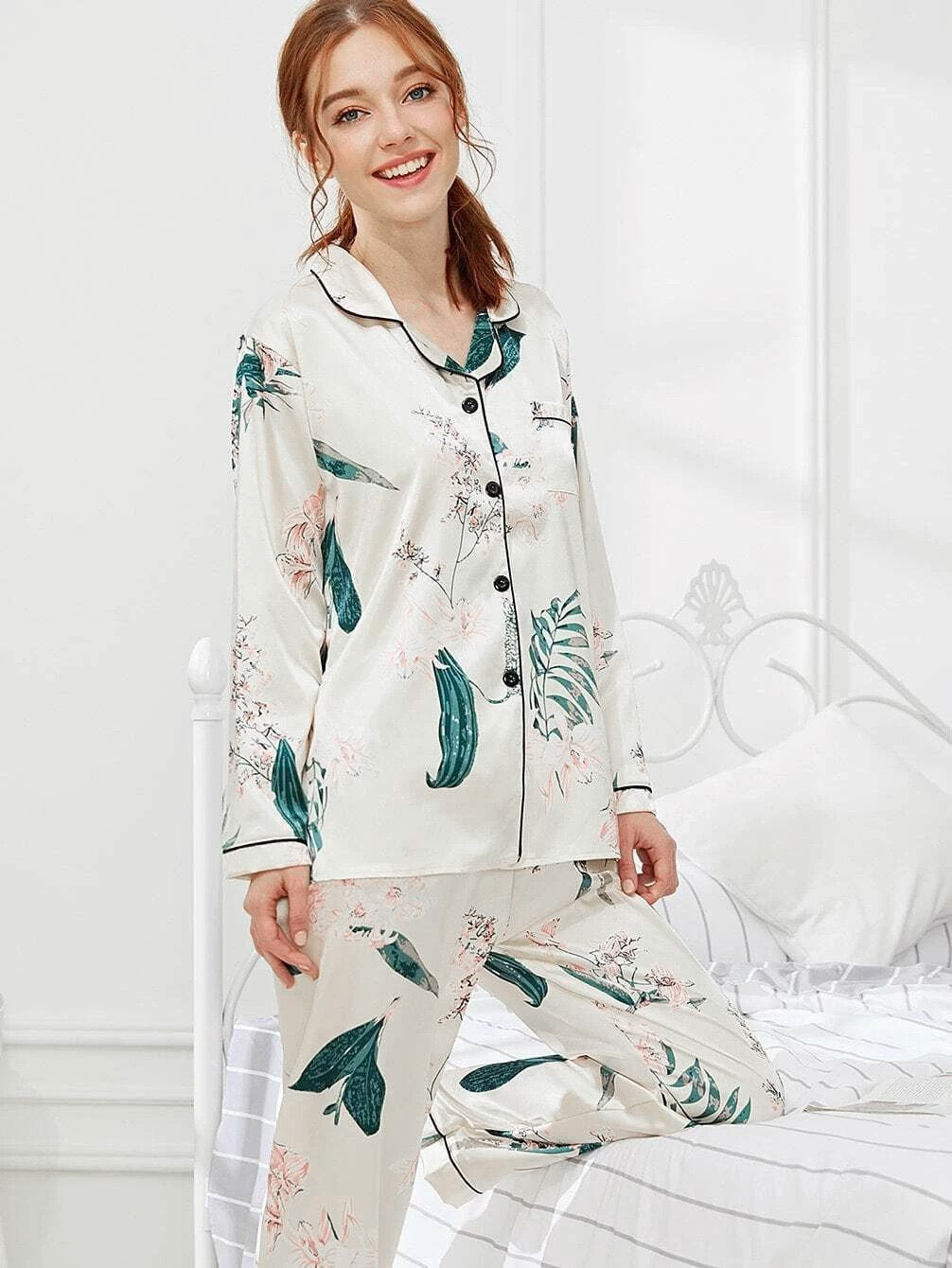Women 2 Pieces Satin Pajamas Set Spring Autumn Long Sleeve Button Up Shirt and Casual Loose Elastic Pants Sleepwear Loungewear