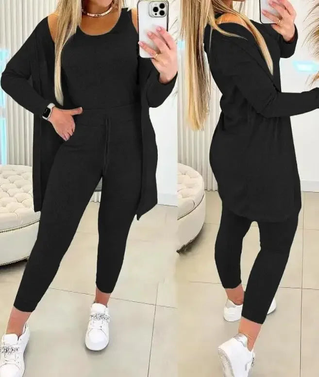 Long Sleeved Women's Pans Set Autumn New 2024 Fashion Casual Elegant Solid Round Neck Tank Top & Drawstring Trousers Suit