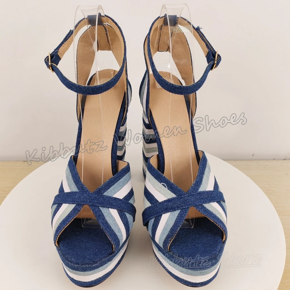 Striped Sandals Platform Cross Strap Buckle Round Toe Chunky Heels Leather Novelty Fashion Luxury Concise Summer Beach Shoes New