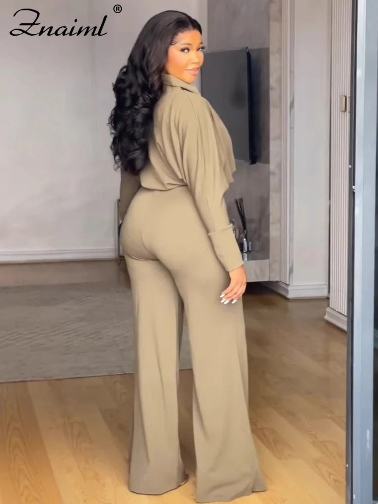 Znaiml Casual Office Lady 2 Piece Sets Women Summer Long Sleeve V Neck Polo Shirt Tops and Wide Leg Pants Streetwear Outfit 2025