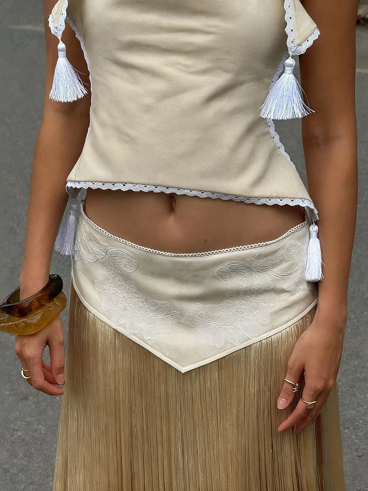 Backless Tassel Halter Patchwork Skirt Two Piece Set for Women