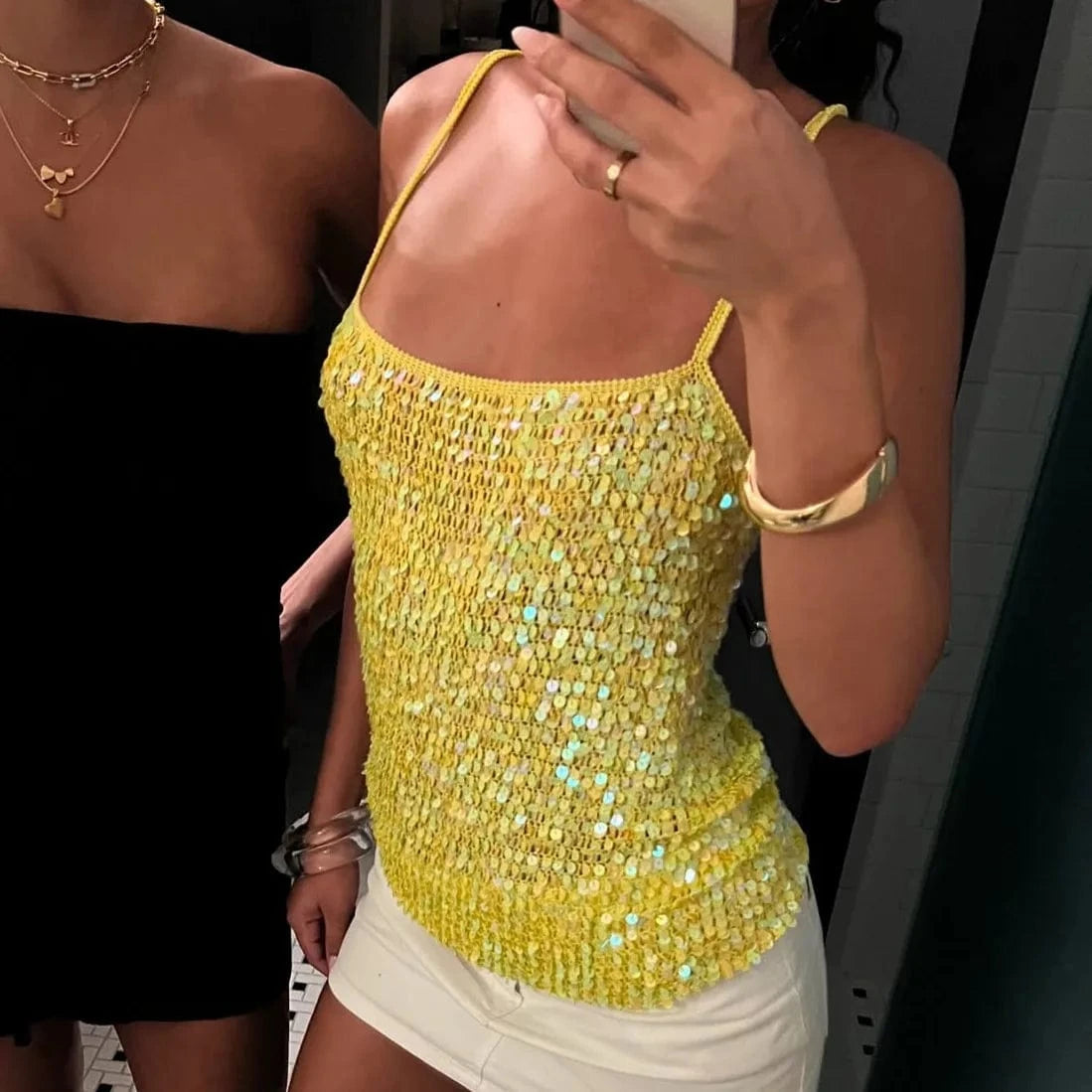hirigin Sequin Crochet Crop Tops Women Summer Beach Knitted Smocked Camis Sparkly Glitter Backless Cover-up Crop Tops Vest