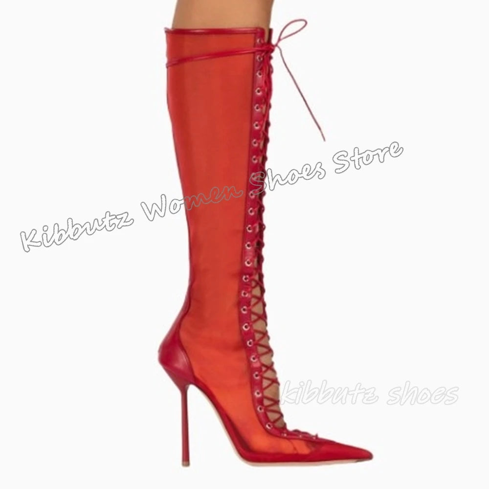 Lace-Up Sandal Ankle Boots Mesh Leather Solid Color Fashion Elegant Luxury Concise Sexy Party Dress Women Shoes New Pointy Heels