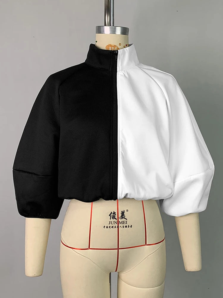 Women Fashion Patchwork Stand Collar Jackets 2025 New Spring Autumn Puff Sleeves Loose Fit Casual Korean Style Outerwears