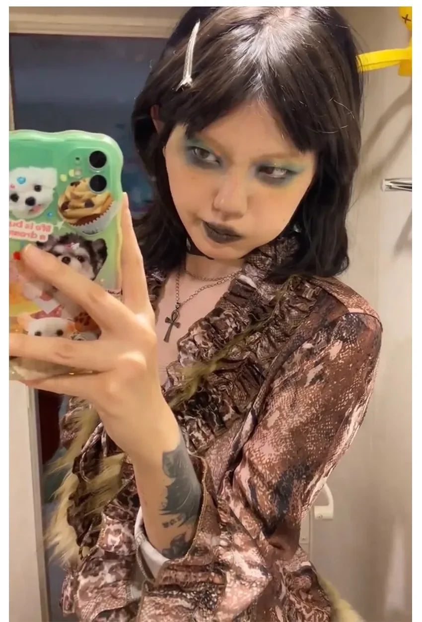Karrram Japanese Y2k Leopard Print Shirt Vintage Harajuku Fur Shirt Grunge Aesthetics V-neck Irregular Blouses American Retro