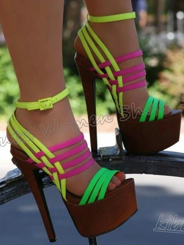 Striped Sandals Platform Round Toe Thin High Heels Mixed Color Leather Fashion Luxury Elegant Concise Sexy Hot Girls Shoes New