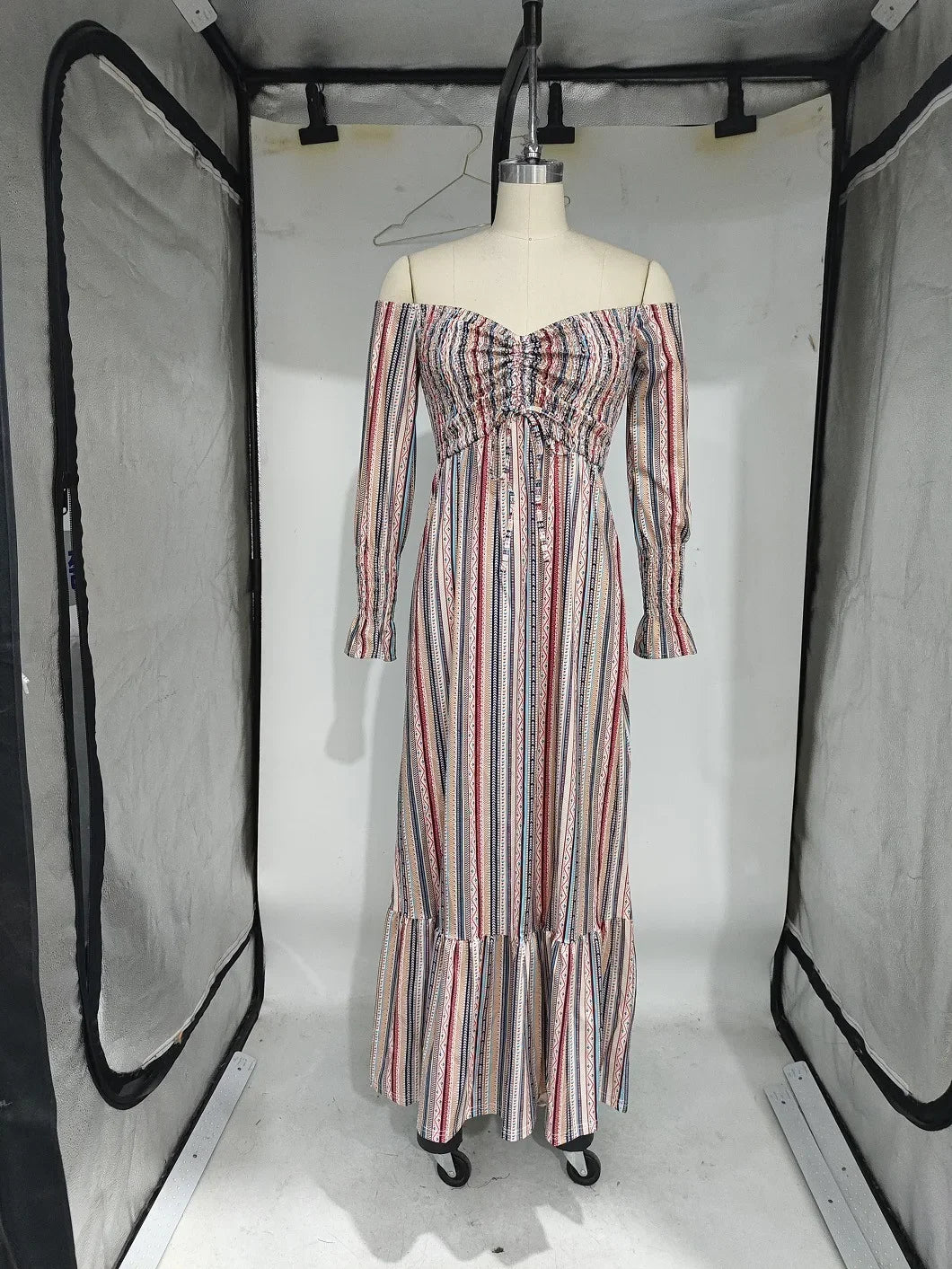 Women Striped Print Drawstring Full Sleeve Slash Neck Pleated Long Dress Fall Beach Party Prom Evening Dresses Vestidos