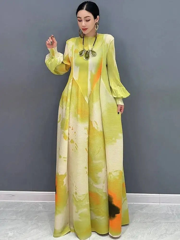 Printed Chiffon Ankle Length Dress With Bubble Sleeves for Women