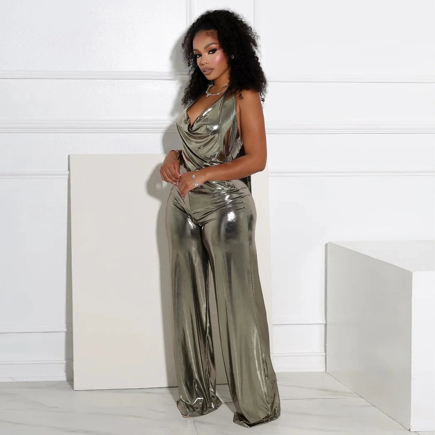 CM.YAYA Women Heaps Collar V-Neck Backless Wide Leg Straight Sleeveless Jumpsuits Spring Sexy One Piece Set Streetwear Outfits