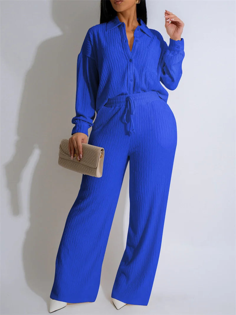 Doyerl Solid Casual Loungewear Sets Woman Two Piece Outfit Loose Fit Long Sleeve Shirt Top and Wide Leg Pants Matching Sets