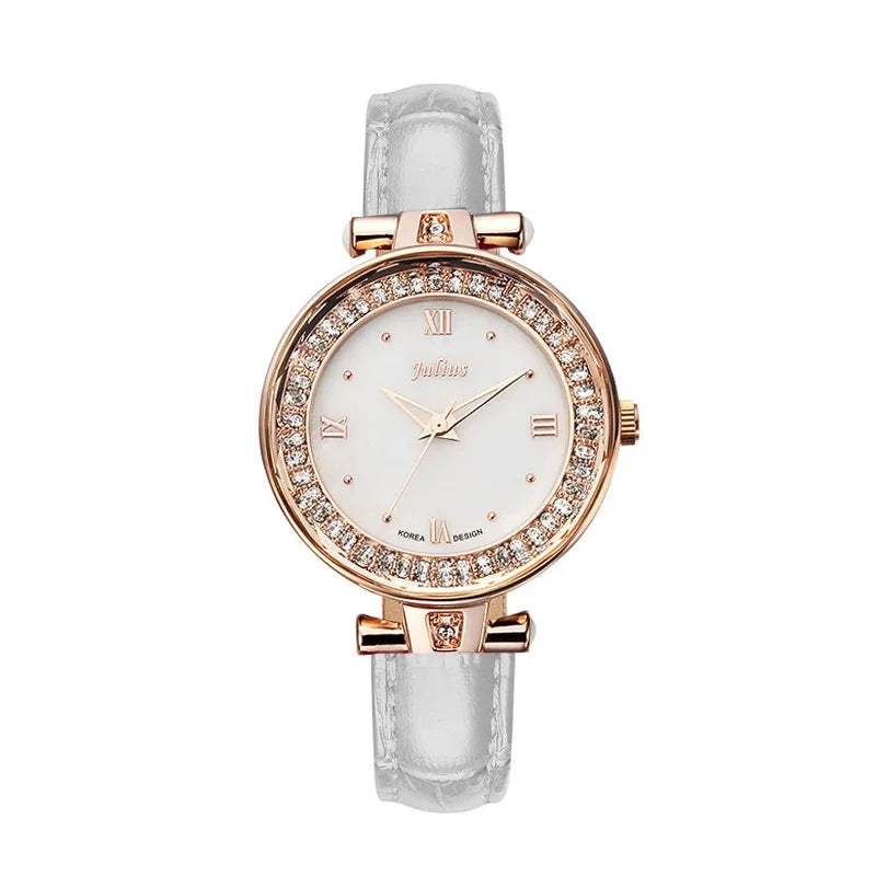 Mother-of-pearl Rhinestones Julius Lady Women's Watch Fashion Hours Bracelet Real Leather Girl's Birthday Gift Box