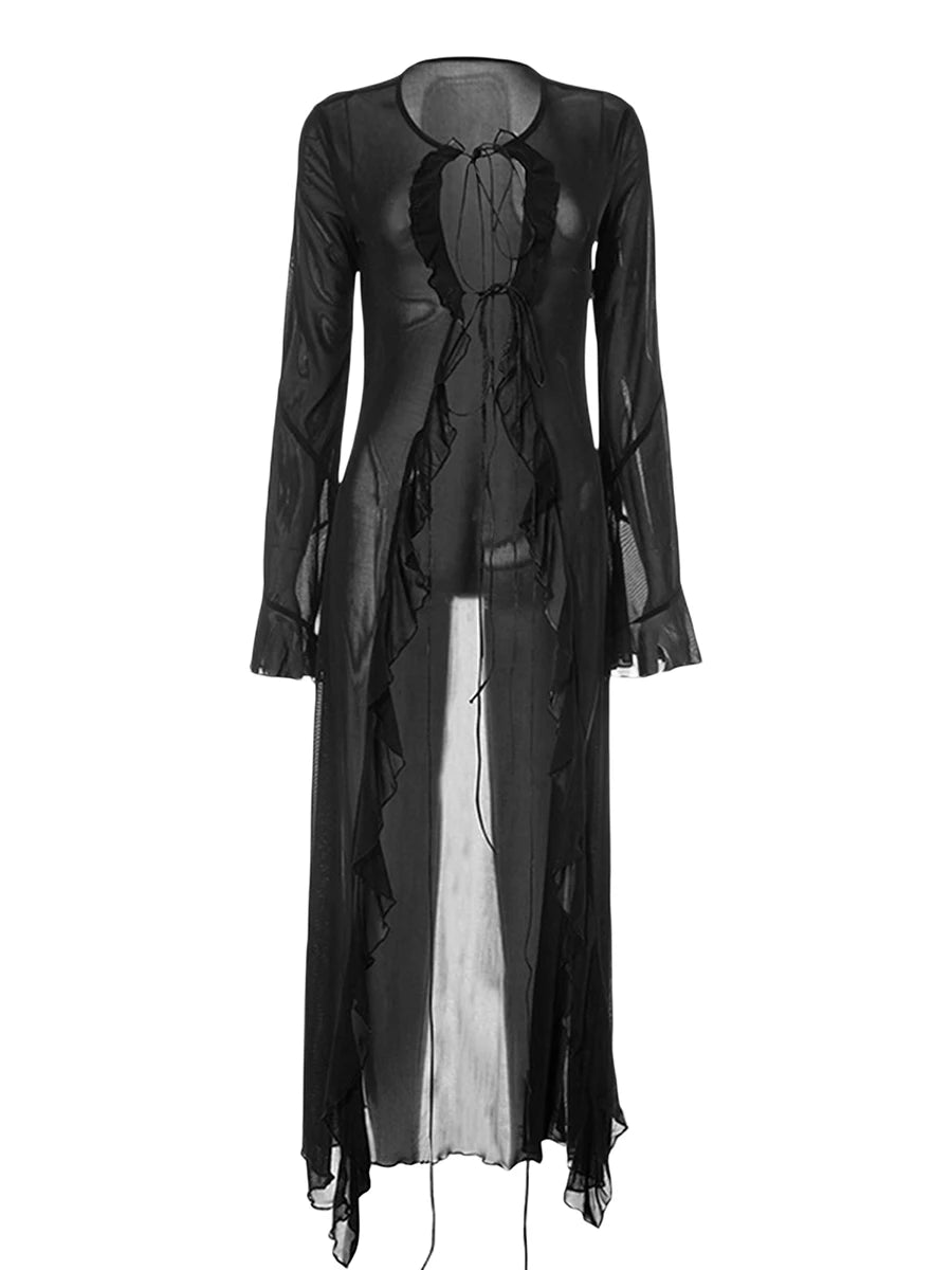 Women Summer Lace Up Long Lightweight Cardigan Black Long Sleeve Flared Cardigan Lace Up Design Cardigan Streetwear