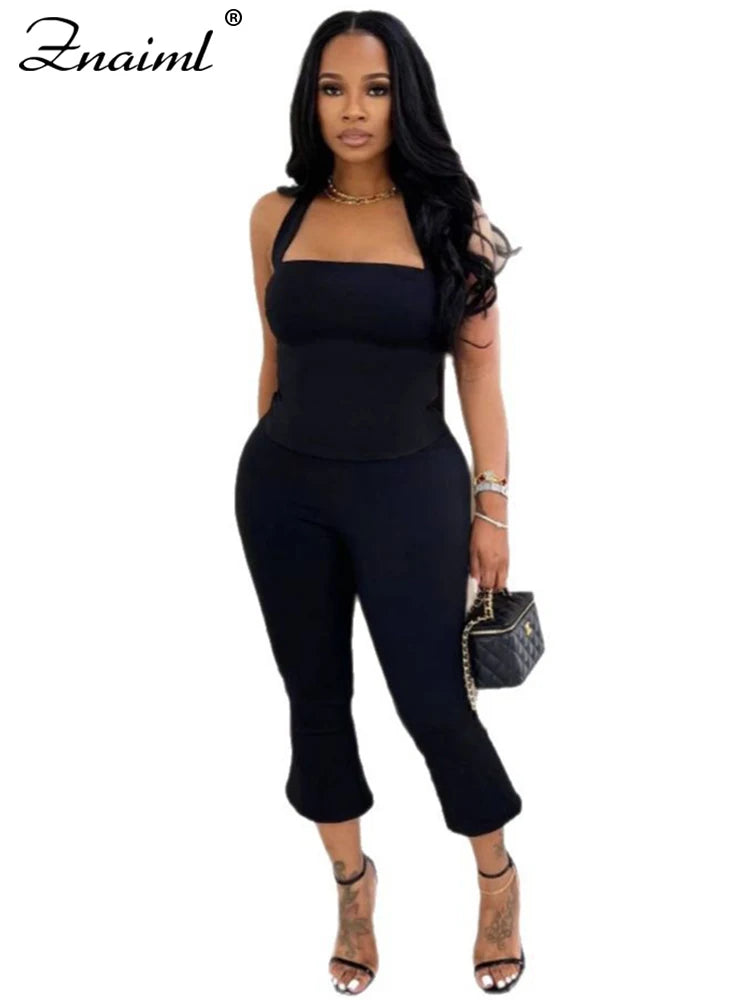 Znaiml Elegant Sleeveless Halter Crop Top and Pants Set Women 2 Pieces Outfits Sexy Night Club Birthday New In Matching Suits