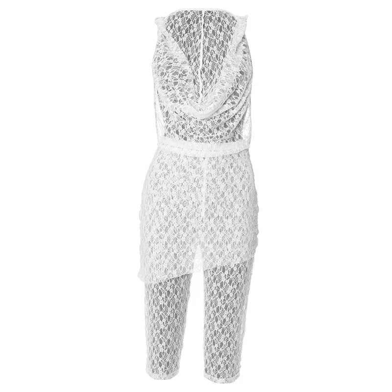 Elegant Lace See Through 2 Piece Set Woman Hooded Halter Swing Collar Large Backless Tops Skirt & Pants Suit Party 2025 Summer
