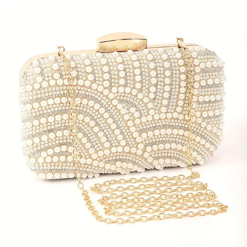 Ladies Pearl Elegant Evening Bag Fashionable Stylish Beading Wedding Dinner Party Banquet Dress Clutch Bag with Long Chain
