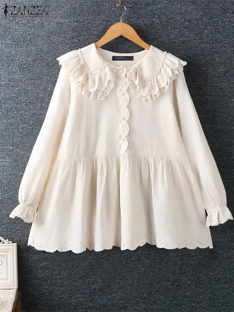 ZANZEA Women Shirts Sweety Doll Collar Tunics Leisure Long Flare Sleeve Button Tops Holiday Lace Crochet Patchwork Solid Blouse