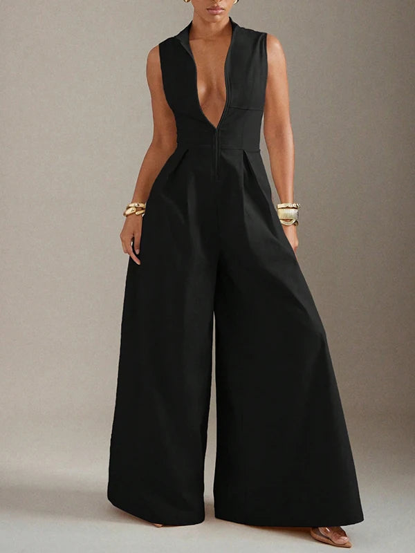 Beautyblue Female Jumpsuit V-neck Wide-leg Overalls Fashion Sleeveless Zipper Brown Formal Clothes Women's One-piece Jumpsuits