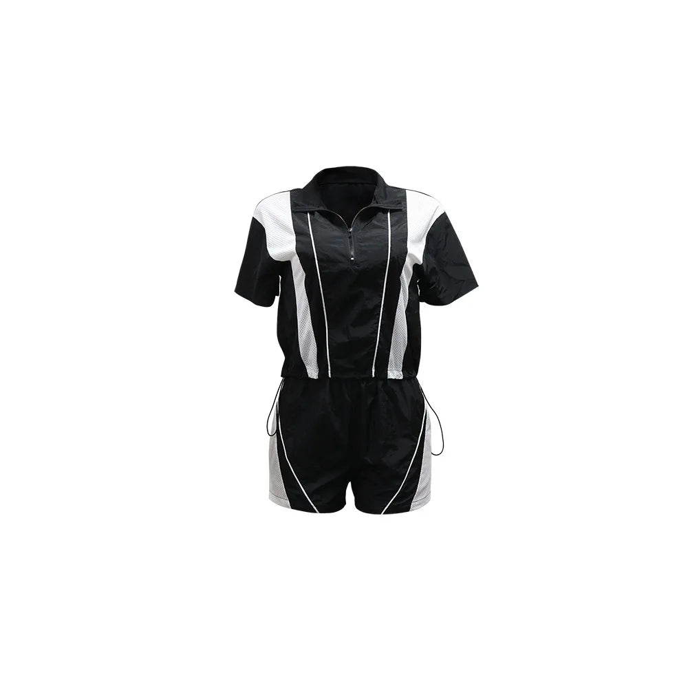 Joskaa 2025 Summer Women's Sporty 2 Piece Set Casual Patchwork Short Sleeve Top and Shorts Matching Tracksuits Y2K Streetwear
