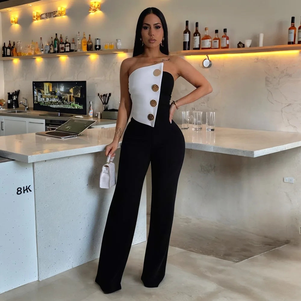 CM.YAYA Elegant Button Strapless Sleeveless Irregular Girl Jumpsuits 2025 Spring Women's Overalls Outfits Night Club One Piece