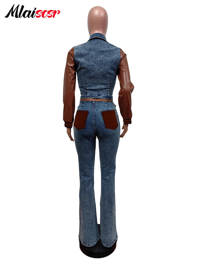 Mlaiscsr Fall Winter Fashion Pu Leather Long Sleeve Patchwork Stretch Denim Jacket and Jeans Pants 2 Piece Set Women Streetwear