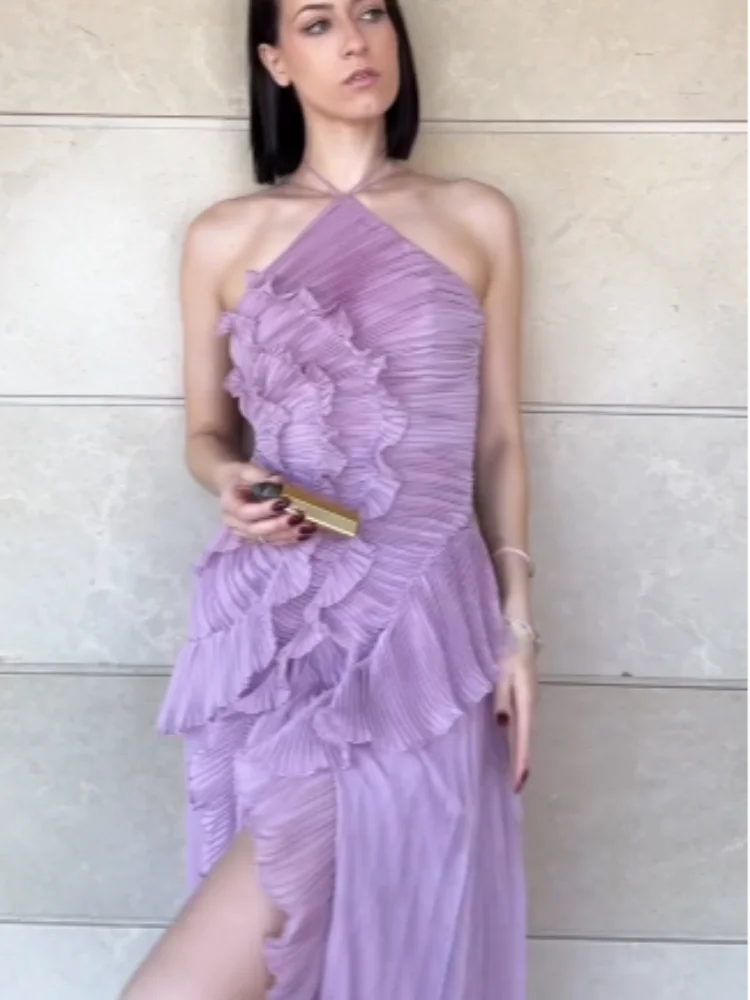 Chic Pleated Halter Neck Long Vacation Dress High Quality Purple Strapless Lotus Edge Maxi Dress 2025 New Lady Vacation Gown