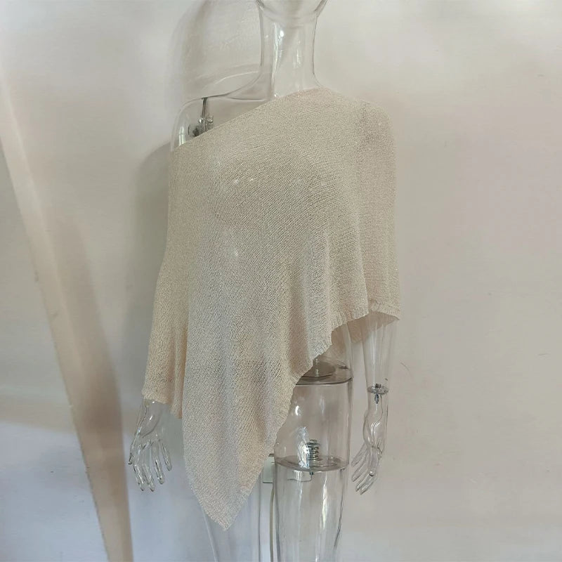 Sheer Knit O Neck Asymmetrical Loose Blouse for Women