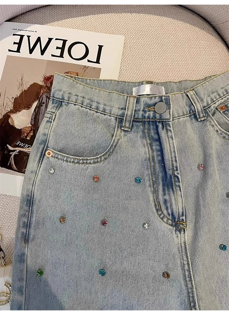 Women Diamonds Denim Pant Korean Fashion High Street Straight Ankle-Length Jeans Spring Autumn All-Match Office Lady Long Pants