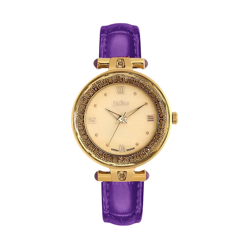 Mother-of-pearl Rhinestones Julius Lady Women's Watch Fashion Hours Bracelet Real Leather Girl's Birthday Gift Box