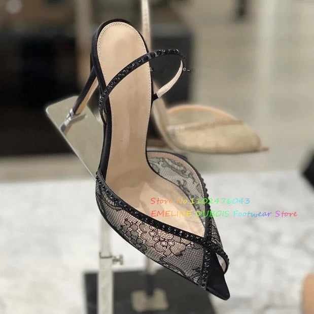 Mesh Peep Toe Sandals Slip-On Stiletto Summer Shoes Sweet Fashion Style High Heels for Women Designer Rhinestone Sandals