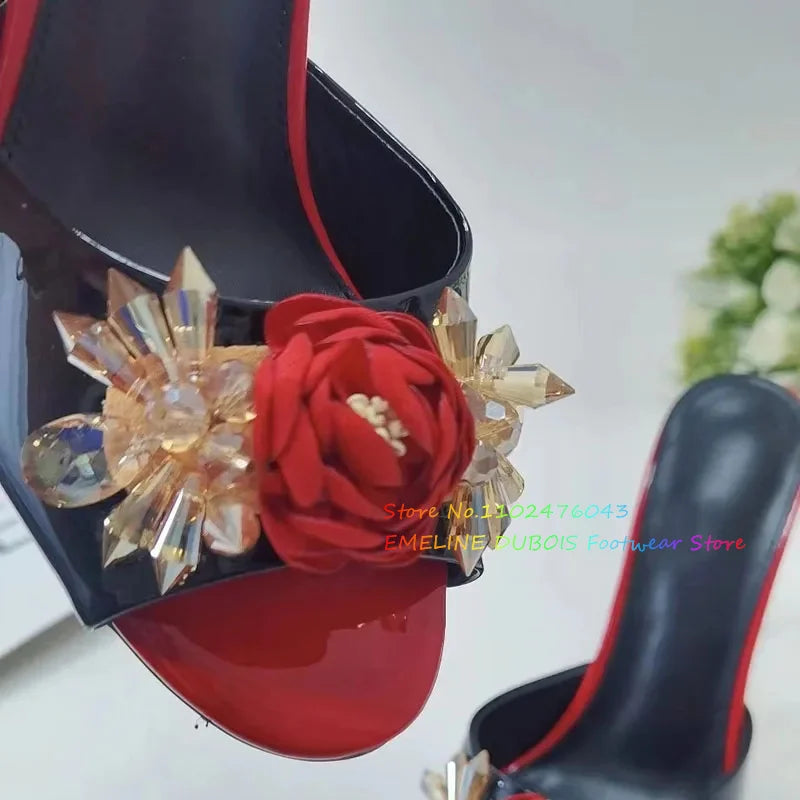 Jeweled Crystal Flower strange Heel Mules Women Leather Peep Toe Rose Decoration Slingback High Heel Slippers For Girl