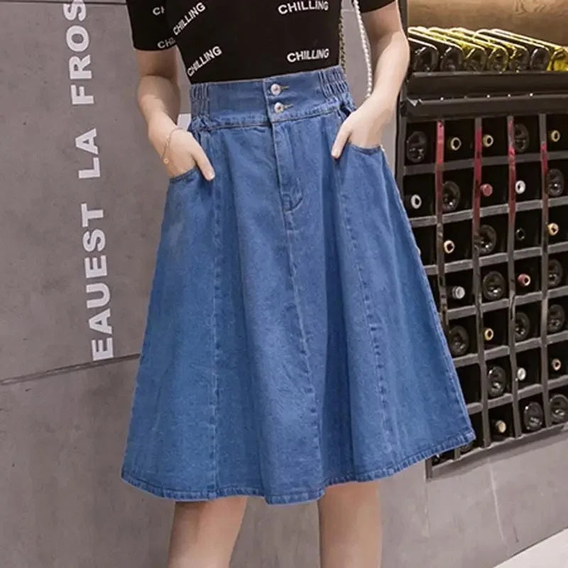 High Waist Midi Denim Skirt for Women plus Size Anti-Light Loose Elastic Waist Pleated Skirt Spring Summer Fashion plus Size