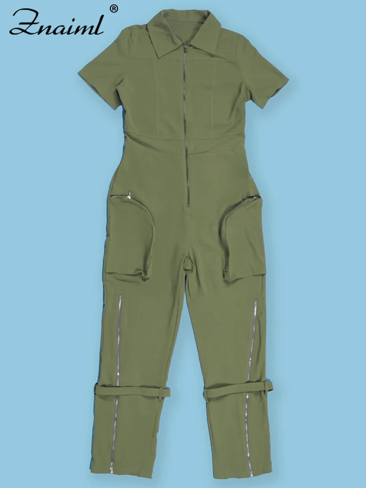 Znaiml Safari Style Short Sleeve Zipper Pocket Jumpsuit Women Fashion Cargo Pants One Piece Overalls Streetwear Playsuit Rompers