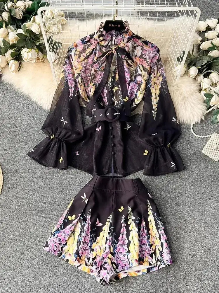 Women's Outfits Bright Silk Chiffon Shirt Blouse Top + Belt Shorts Two Piece Sets Summer Holidays Lavender Flower Shorts Suit