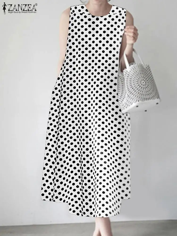 ZANZEA Bohemian Point Dot Printed Dress Women Summer Vestidos 2024 Elegant Sexy Sleeveless Casual Loose Vintage Beach Sundress