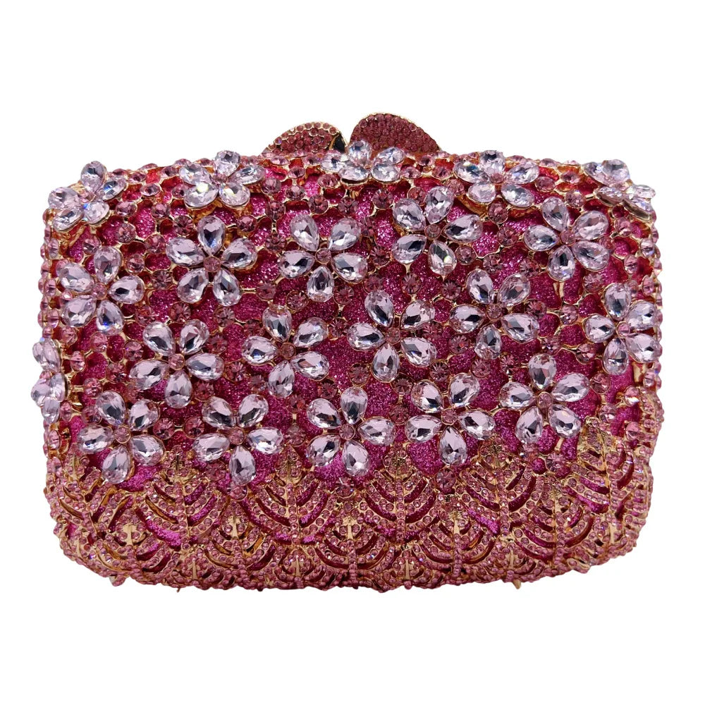XIYUAN Hot-selling Luxury Carved Lilac Flower Clutch Purse Full Diamond Evening Bag Women Wedding Bridal Handbag Party Purses