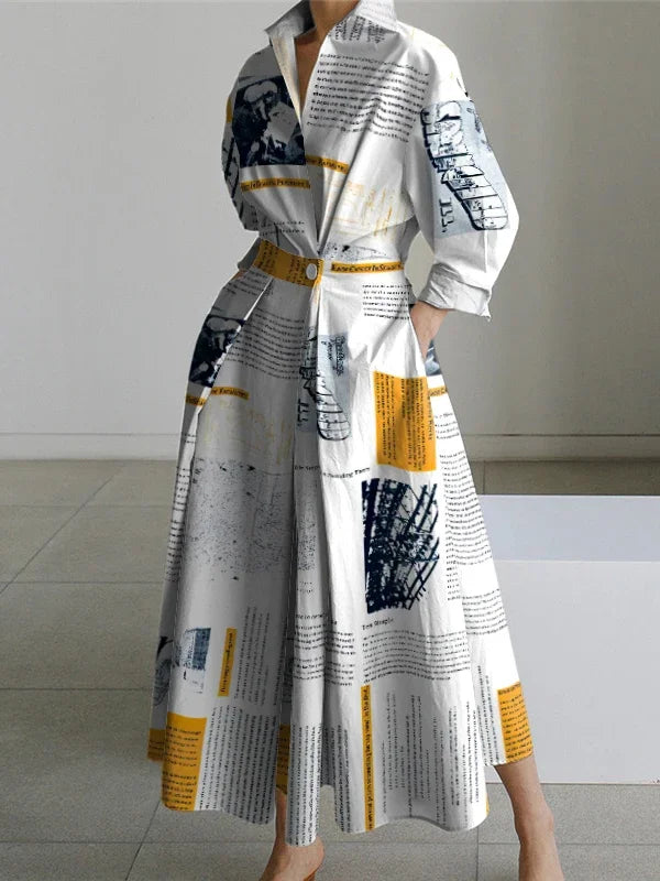 2025 New Autumn Women Midi Dress Long Sleeves Casual High Street Fashion Newspaper Print Lapel A-Line Dress For Women