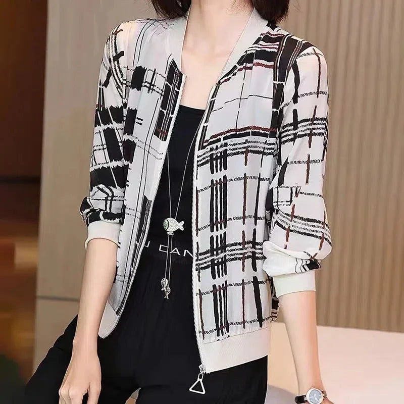 Fashion Print Jacket Female Spring Top 2024Summer UV Protection Joker Short Chiffon Sunscreen Clothing Female Top Thin Shirt Top