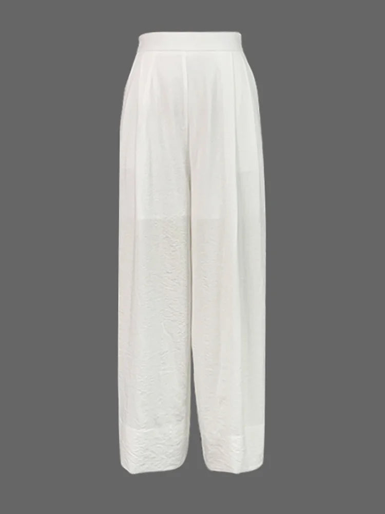 Beautyblue Casual Daily Pants Women Loose Wide Leg Pants 2025 Summer Solid Color Vacation High Waisted Elasticity White Trousers