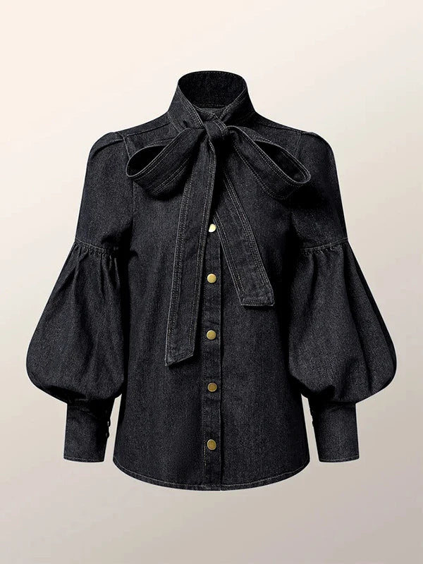 Gymystars Urban Imitation Denim Blouse Tops Women's Blouses&Shirts 2025 New Spring Long Sleeves Puff Sleeves Tied High Neck Clot