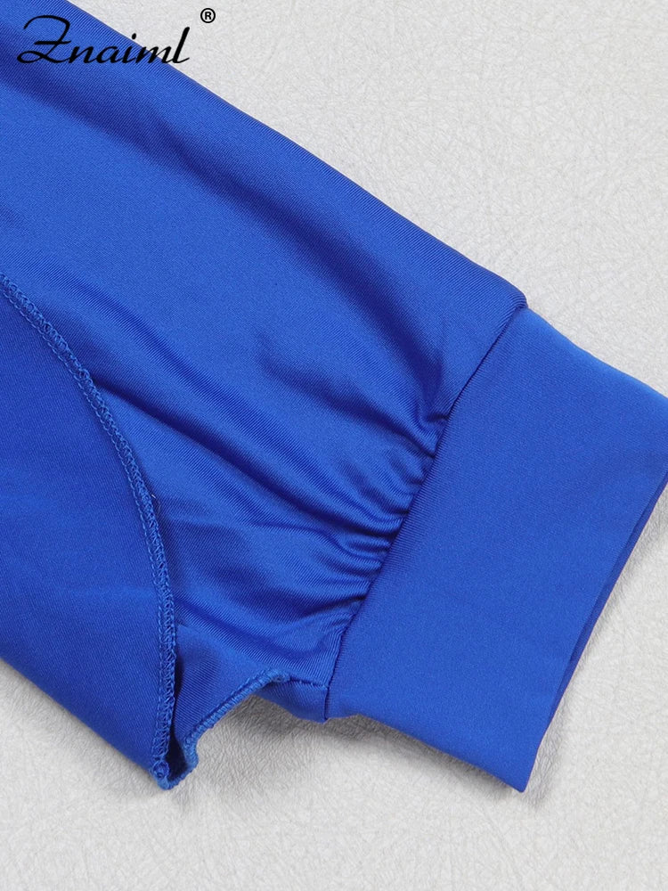 Znaaiml Elegant Blue 2 Piece Pants Sets Women Lantern Sleeve Drawstring Ruched Ruffles Top and Trousers Casual Street OL Outfits