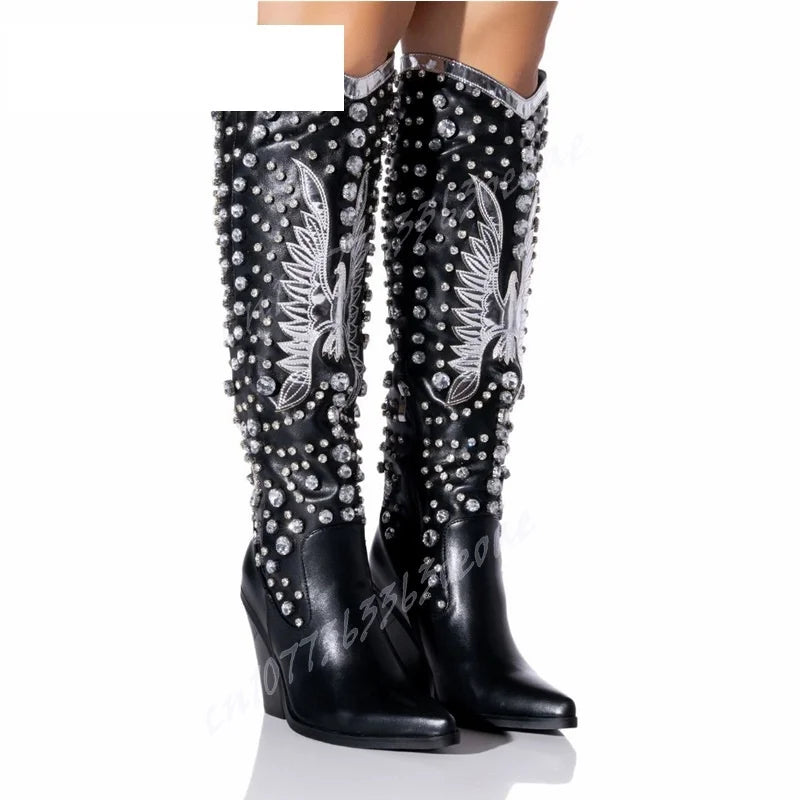 White Wing Decor Chunky Heels Boots Crystal Knee High Pointed Toe Shoes for Women Matte Leather Shoes 2025 Zapatos Para Mujere
