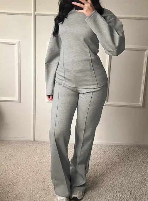 Autumn Casual Loose 2-Piece Set of Solid Color Round Neck Pit Stripe Spliced Top and High Waisted Straight Leg Pants Set